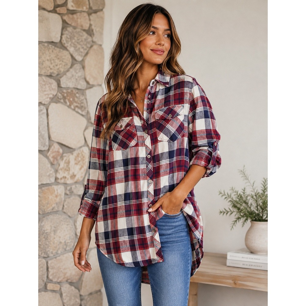 Be Cool Womens Plaid Flannel Shirt L Red Navy Button Down Tunic 100 Cotton